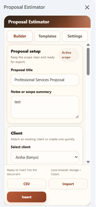 Proposal Estimator sidebar open in Google Docs, showing proposal setup and client fields